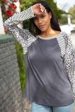 Slate Terry Leopard Patchwork Stripe Raglan Top