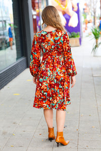 Date Night Ready Burgundy Rust/Jade Floral Print Midi Dress