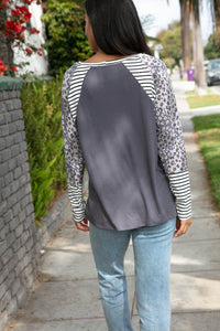 Slate Terry Leopard Patchwork Stripe Raglan Top