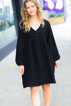 All I Need Black Woven Waffle V Neck Babydoll Dress