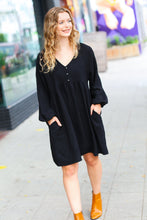 All I Need Black Woven Waffle V Neck Babydoll Dress