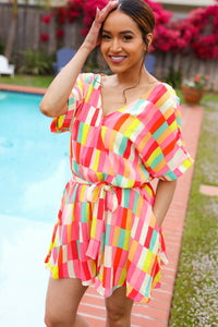 Eyes On You Coral & Yellow Geo Abstract Surplice Woven Romper