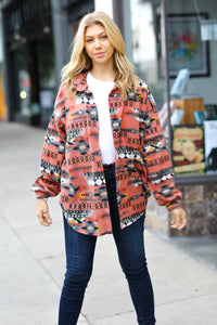 Trendy Rust Aztec Print Button Down Brushed Shacket