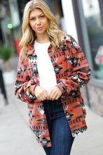 Trendy Rust Aztec Print Button Down Brushed Shacket