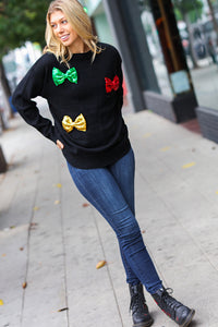 Be Merry Black Multicolor Sequin Bow Knit Sweater