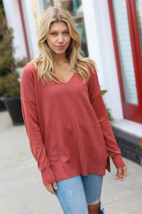 Hello Beautiful Rust Front Seam V Neck Sweater