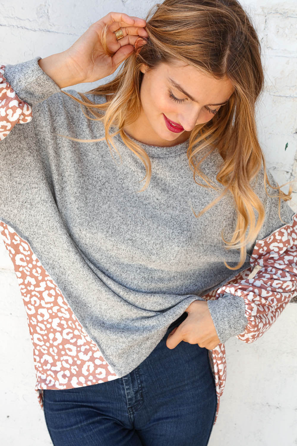 Taupe Leopard Print Hacci Out Seam Dolman Sweater