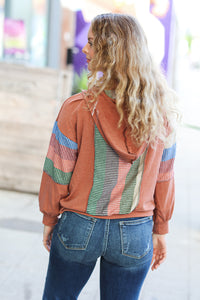 Feeling Vintage Rust & Blue Stripe Textured Notched Hoodie