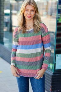 Feeling Bold Blue/Olive Textured Vintage Stripe Top