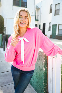 Pretty In Pink French Terry Bow Tie Drop Shoulder Pullover