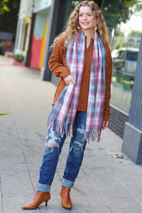 Keep Me Cozy Blue & Light Burgundy Plaid Fringe Scarf