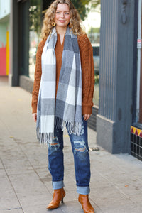 Keep Me Cozy Charcoal Grey Check Fringe Scarf