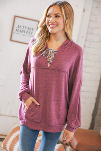 Mauve Two-Tone Leopard Print Lace Up Hoodie