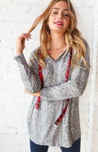 Grey Leopard Print & Plaid Drawstring Hoodie