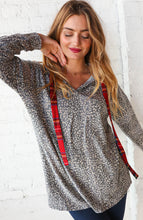 Grey Leopard Print & Plaid Drawstring Hoodie