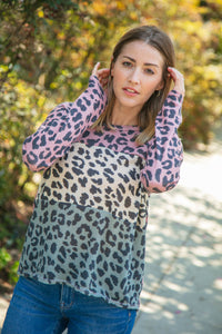 Leopard Color Block V Neck Knit Top