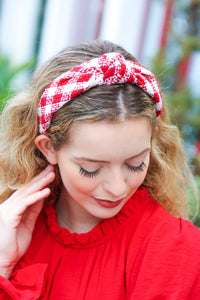 Red & White Plaid Knit Top Knot Headband