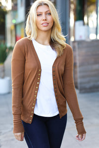 Day On The Town Camel Snap Button Rib Detail Cardigan