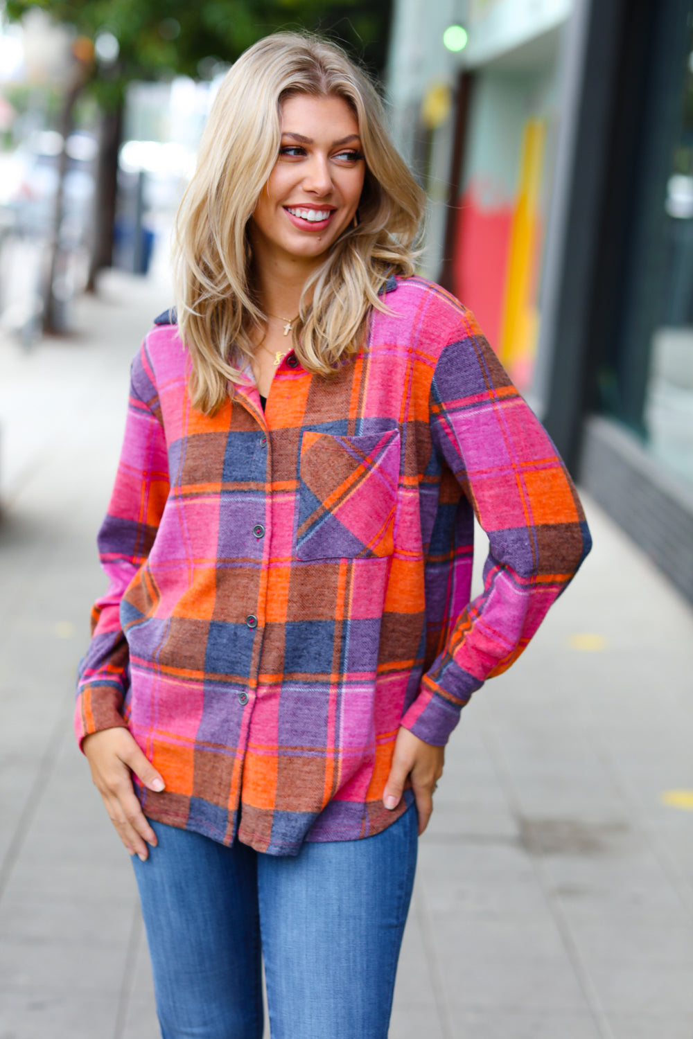 Orange & Magenta Jacquard Plaid Button Up Shacket