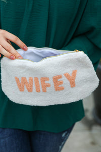 Cream "Wifey" Sherpa Zipper Bag