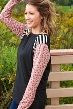 Leopard Stripe Long Sleeve Raglan Color Block Top