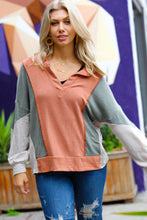 Weekend Bliss Rust & Olive Collared Terry Color Block Top