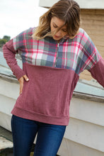 Pomegranate Plaid Print Half Zipper Up Knit Top