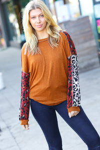 More Than Lovely Rust Colorblock Leopard Knit Top