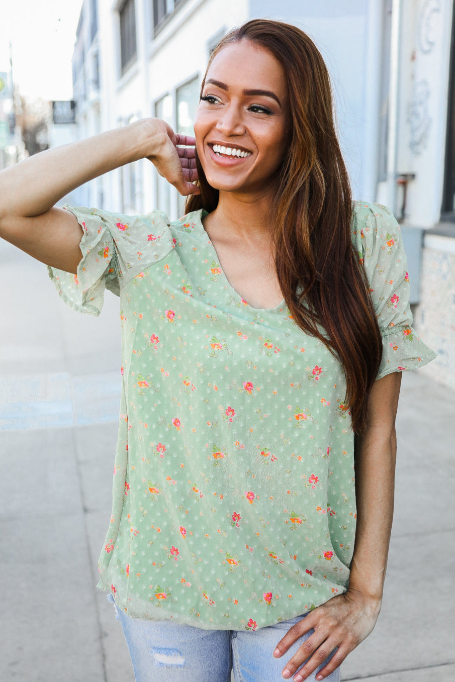 Feeling Whimsical Sage Chiffon Ruffle Sleeve Lined V-Neck Blouse