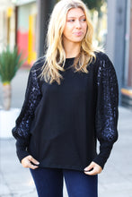 Black Hacci Floral Lace Bubble Sleeve Top