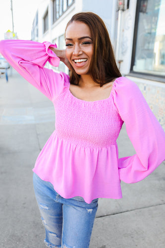 Simply Elegant Magenta Smocked Yoke Ruffle Bubble Sleeve Peasant Top