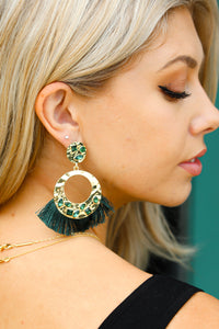 Emerald Boho Rhinestone Tassel Gold Drop Earrings