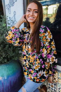 Boho Vibes Notch Tie Neck Floral Print Long Sleeve Blouse