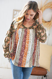 Sage Floral V Neck Yoke Bubble Sleeve Top