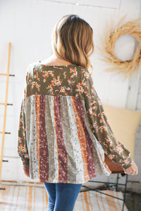 Sage Floral V Neck Yoke Bubble Sleeve Top