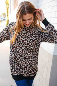 Animal Print Black Rib Knit Hemline French Terry Pullover