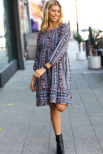 Lovely In Navy Floral Stripe Babydoll Ruffle Pocketed Dress