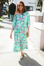 Be Beautiful Mint Floral Frill Details Three-Quarter Sleeve Maxi Dress