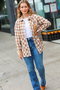 Eyes On You Taupe Plaid Velvet Pocket Button Down Top