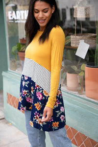 Floral Stripe Color Block Scarf Hem Tunic