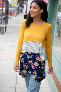 Floral Stripe Color Block Scarf Hem Tunic