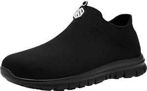 LARNMERN Slip On Steel Toe Shoes for Men Women Sock Sneakers Safety Toe Work Shoes Athletic Lightweight Comfortable Breathable Construction Running Tennis Footwear(12 Women/10 Men,Black)