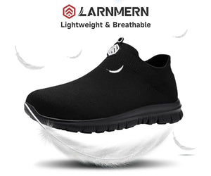 LARNMERN Slip On Steel Toe Shoes for Men Women Sock Sneakers Safety Toe Work Shoes Athletic Lightweight Comfortable Breathable Construction Running Tennis Footwear(12 Women/10 Men,Black)