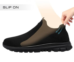 LARNMERN Slip On Steel Toe Shoes for Men Women Sock Sneakers Safety Toe Work Shoes Athletic Lightweight Comfortable Breathable Construction Running Tennis Footwear(12 Women/10 Men,Black)