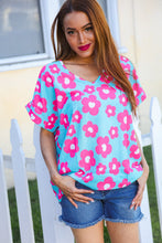 Spring Vibes Blue & Pink Floral Print V Neck Short Sleeve Top