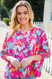 Vacay Vibes Fuchsia Smocked Sleeve Round Neck Dolman Top