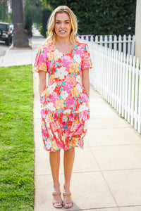 Remember Me Red & Coral Floral Print V Neck Tiered Dress