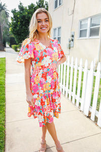 Remember Me Red & Coral Floral Print V Neck Tiered Dress