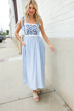 Feeling Femme Blue Floral Netted Yoke Stripe Ric Rack Dress