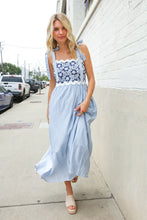 Feeling Femme Blue Floral Netted Yoke Stripe Ric Rack Dress